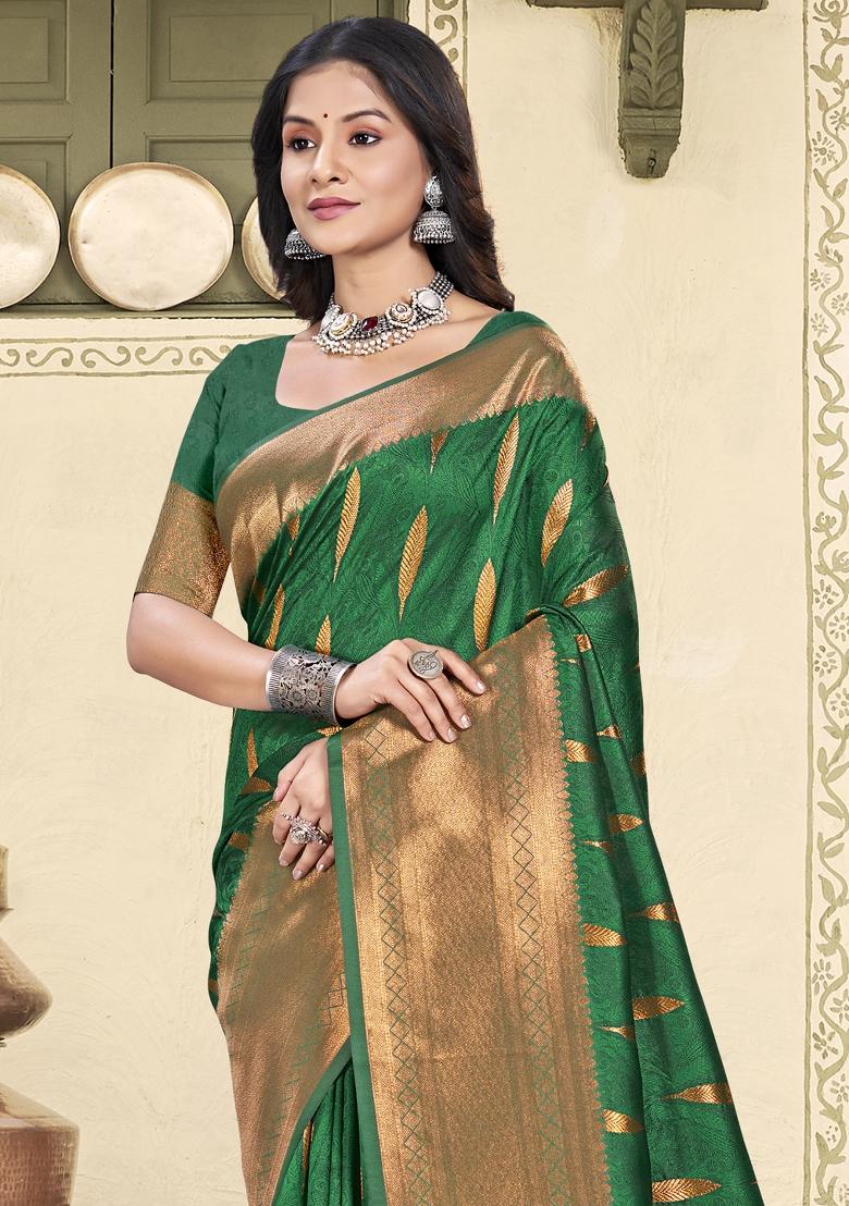 Dark Green Zari Work Silk Blend Saree Set - Indya