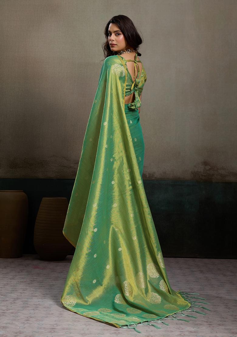Green Zari Work Tissue Saree Set - Indya