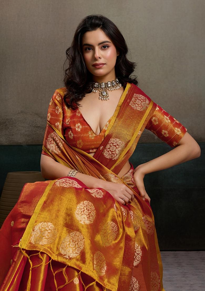 Orange Zari Work Tissue Saree Set - Indya