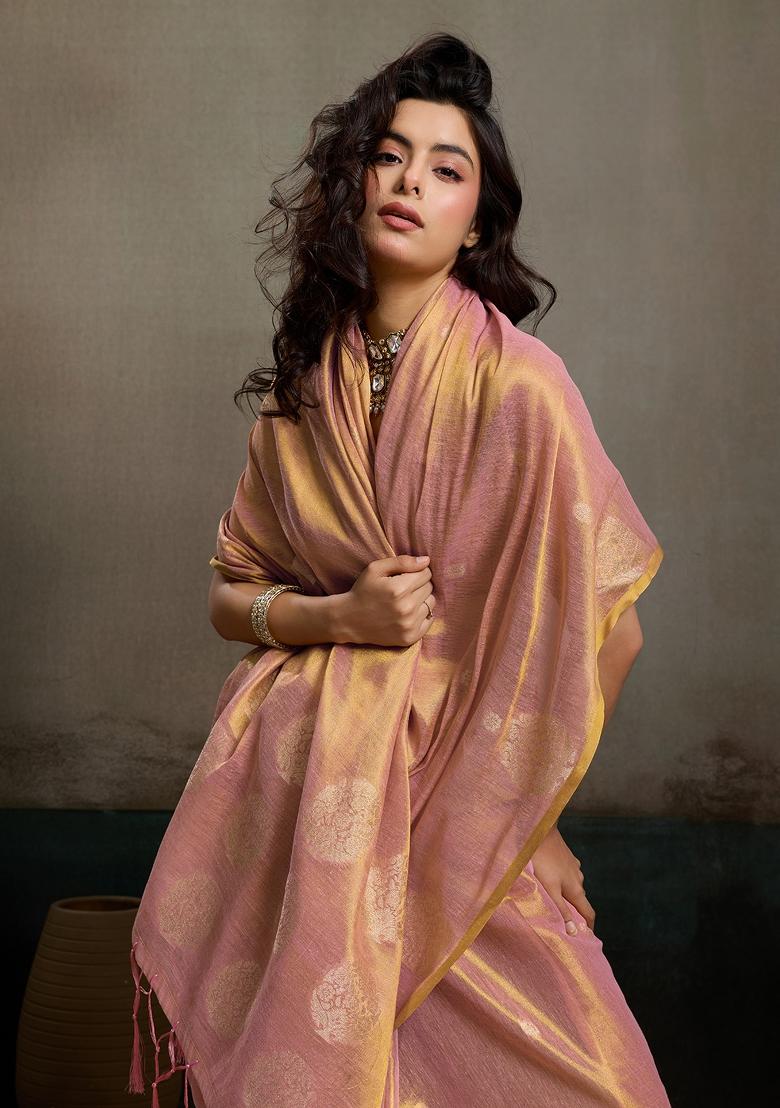 Pink Zari Work Tissue Saree Set - Indya