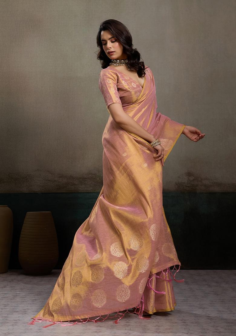 Pink Zari Work Tissue Saree Set - Indya