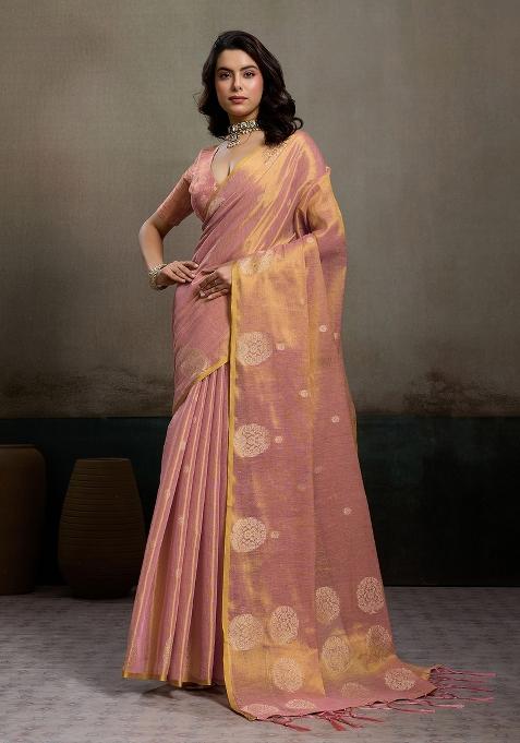 Pink Zari Work Tissue Saree Set