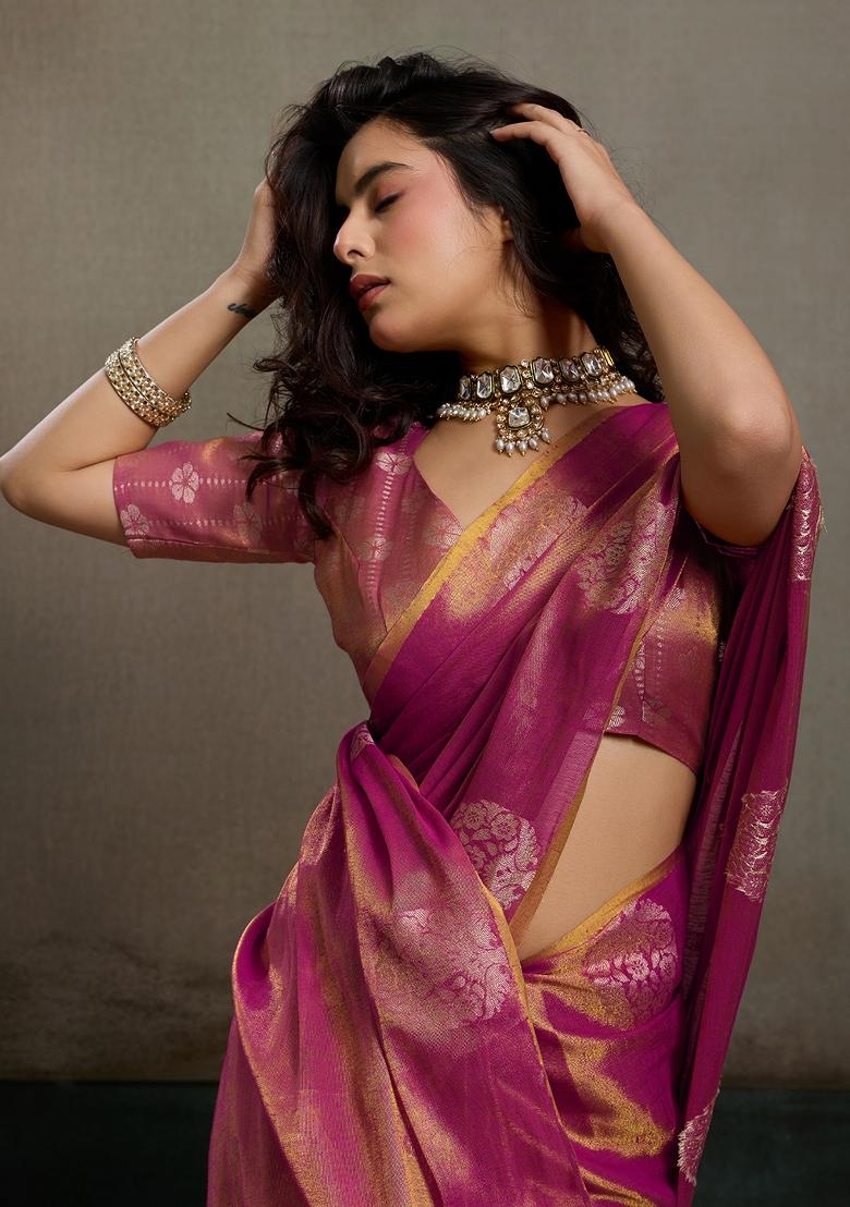 Purple Zari Work Tissue Saree Set - Indya