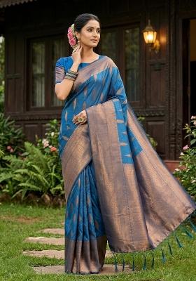 Blue Zari Work Silk Blend Saree Set