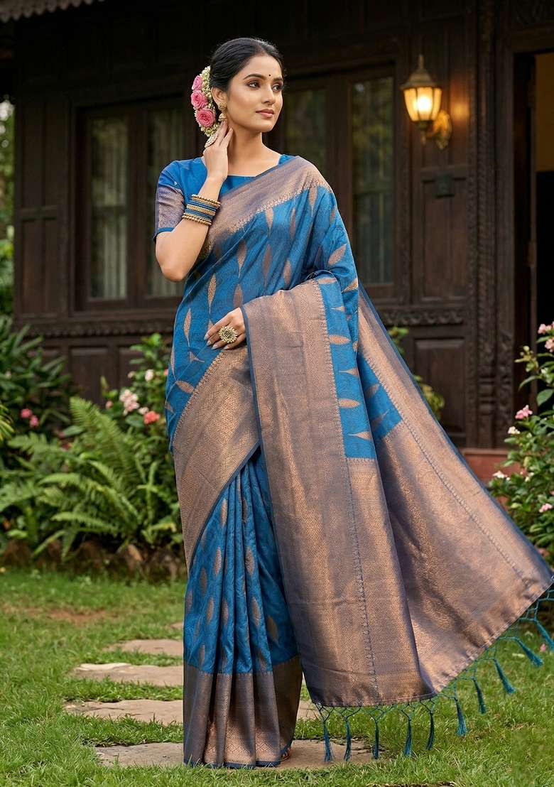 Blue Zari Work Silk Blend Saree Set for Diwali and Festive Wear - Indya