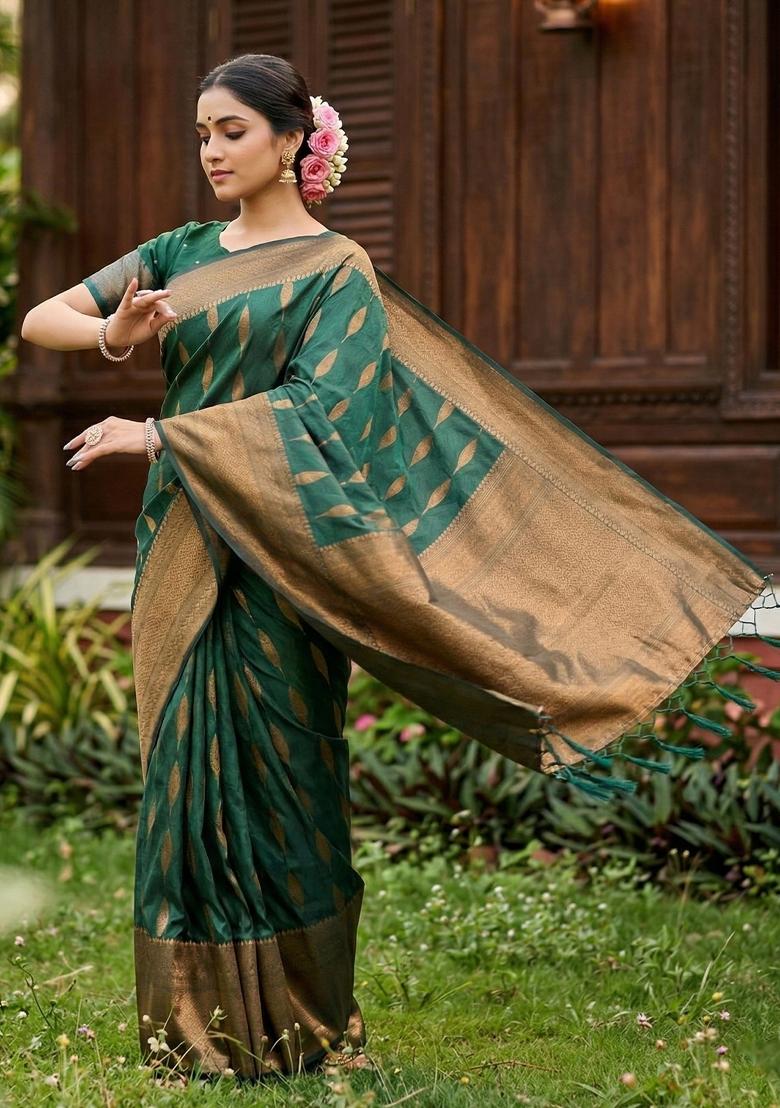 Dark Green Zari Work Silk Blend Saree Set - Indya