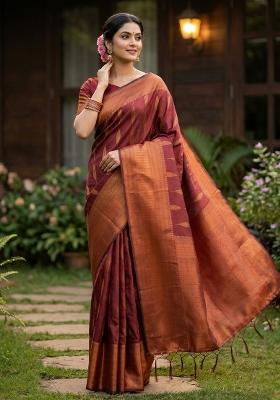 Maroon Zari Work Silk Blend Saree Set