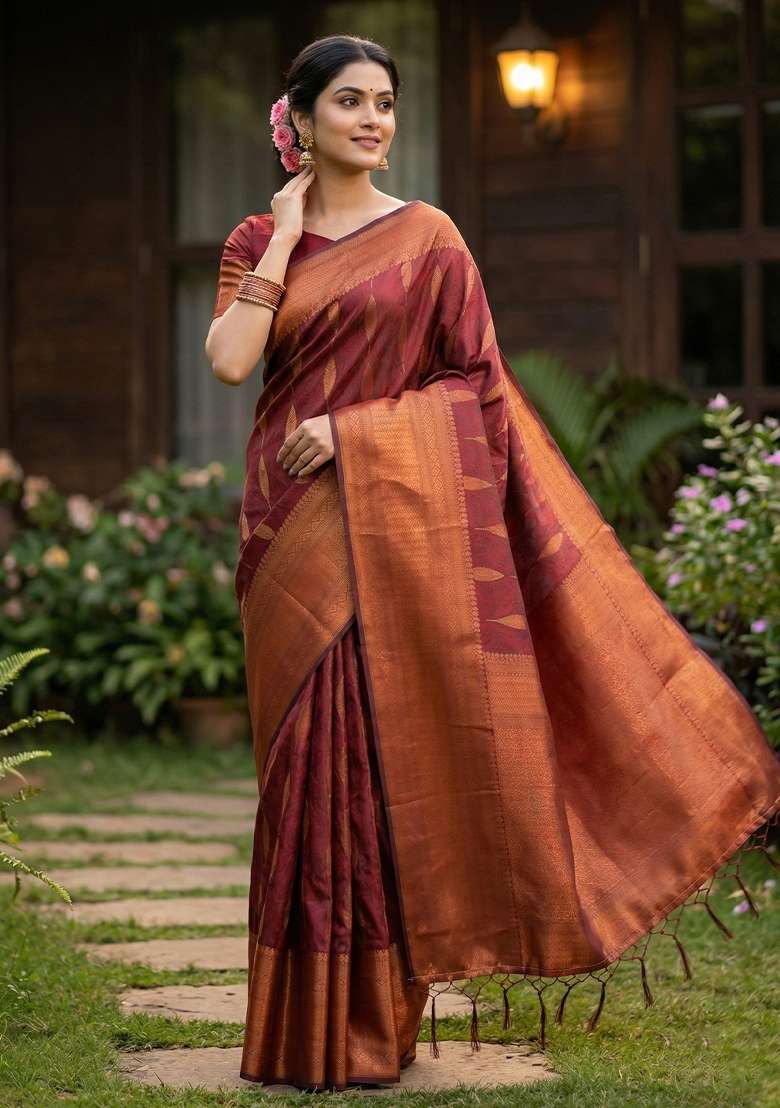 Maroon Zari Work Silk Blend Saree Set for Diwali and Festive Wear - Indya