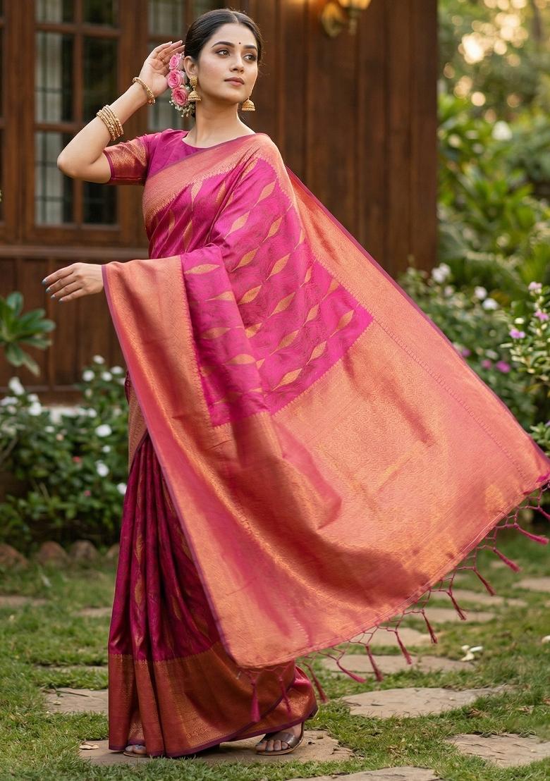 Rani Pink Zari Work Silk Blend Saree Set - Indya
