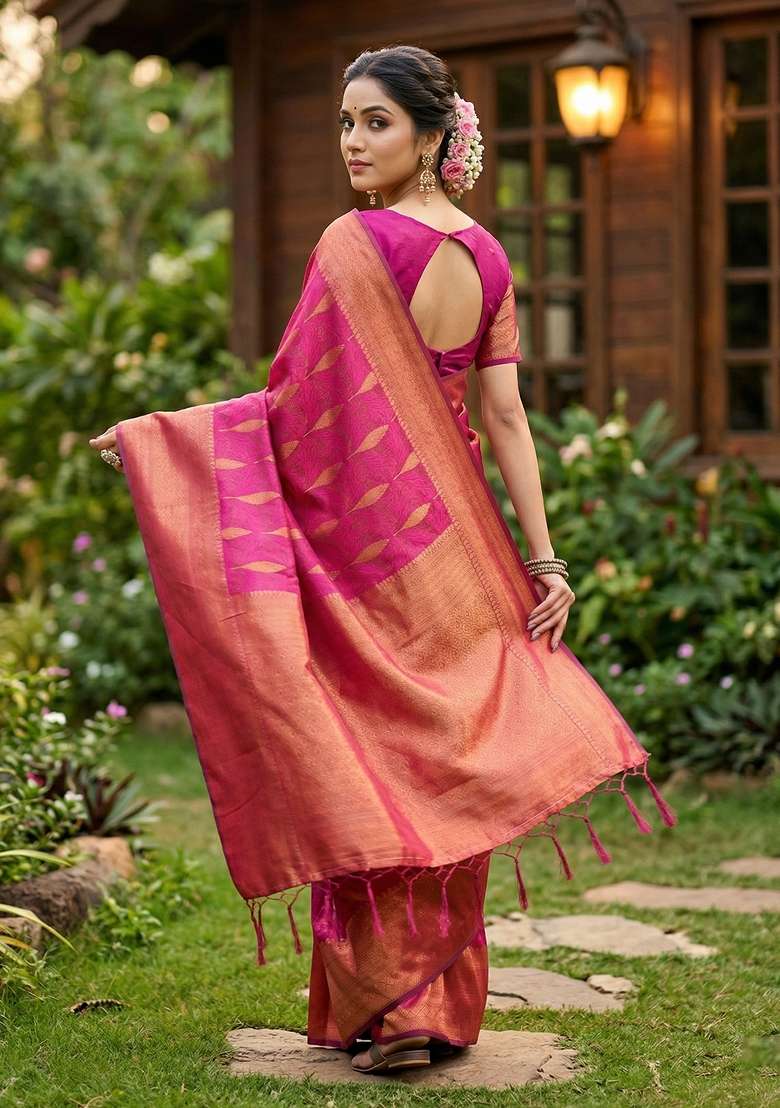 Rani Pink Zari Work Silk Blend Saree Set for Diwali and Festive Wear - Indya