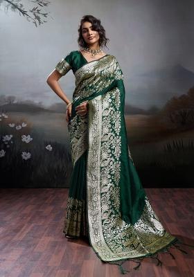 Dark Green Zari Work Silk Blend Saree Set