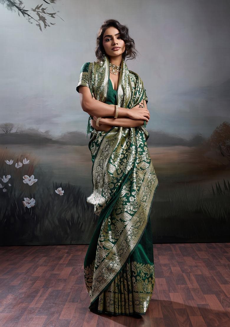 Dark Green Zari Work Silk Blend Saree Set - Indya