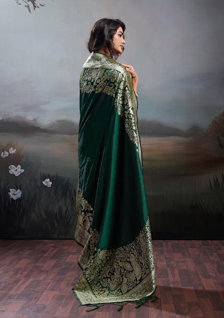 Dark Green Zari Work Silk Blend Saree Set - Indya