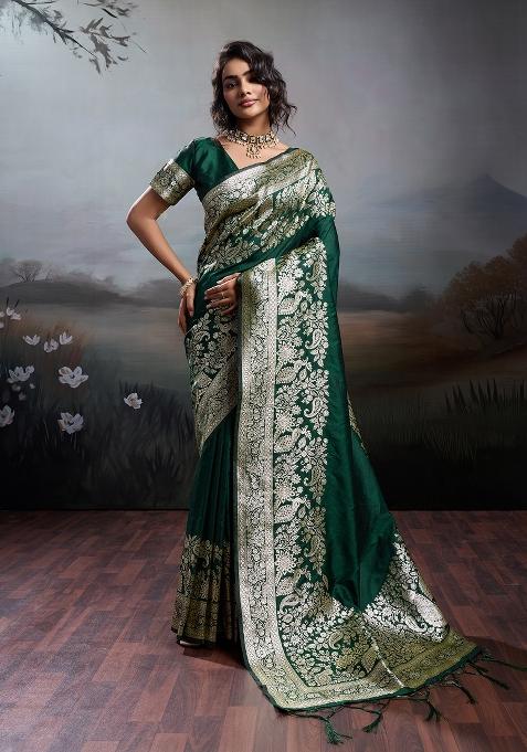Dark Green Zari Work Silk Saree Set