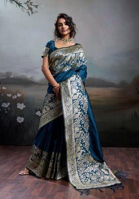 Navy Blue Zari Work Silk Blend Saree Set