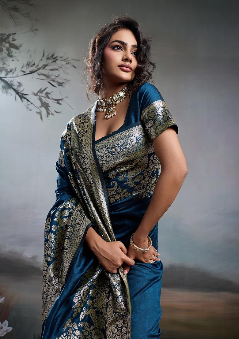 Navy Blue Zari Work Silk Blend Saree Set - Indya