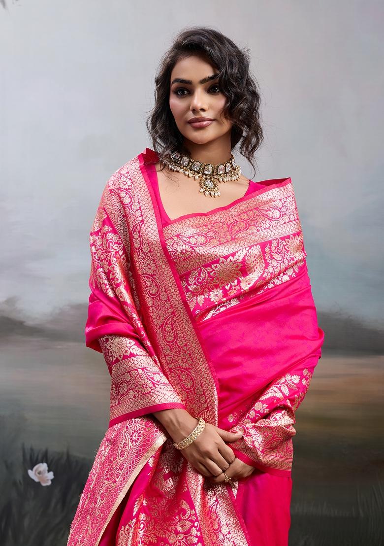 Pink Zari Work Silk Blend Saree Set - Indya