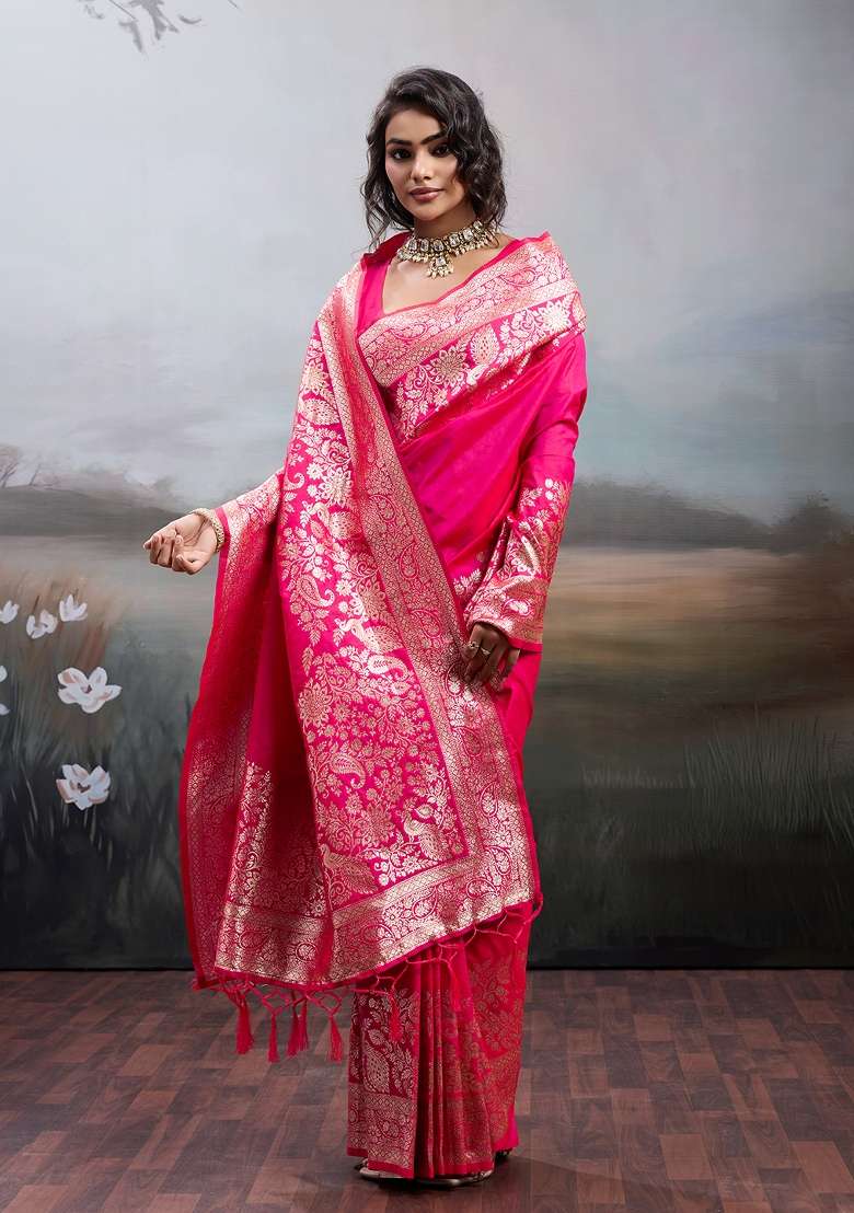Pink Silk Blend Saree Set with Zari Work for Diwali | Wedding & Festive Wear - Indya