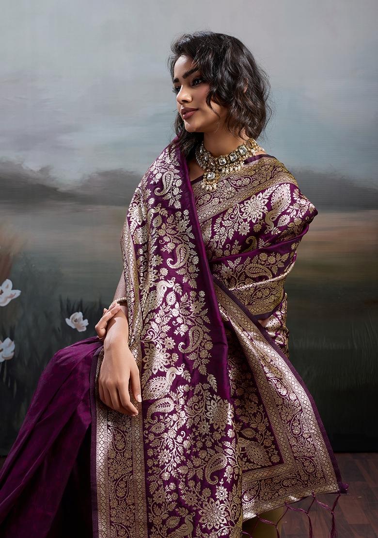 Purple Zari Work Silk Blend Saree Set - Indya