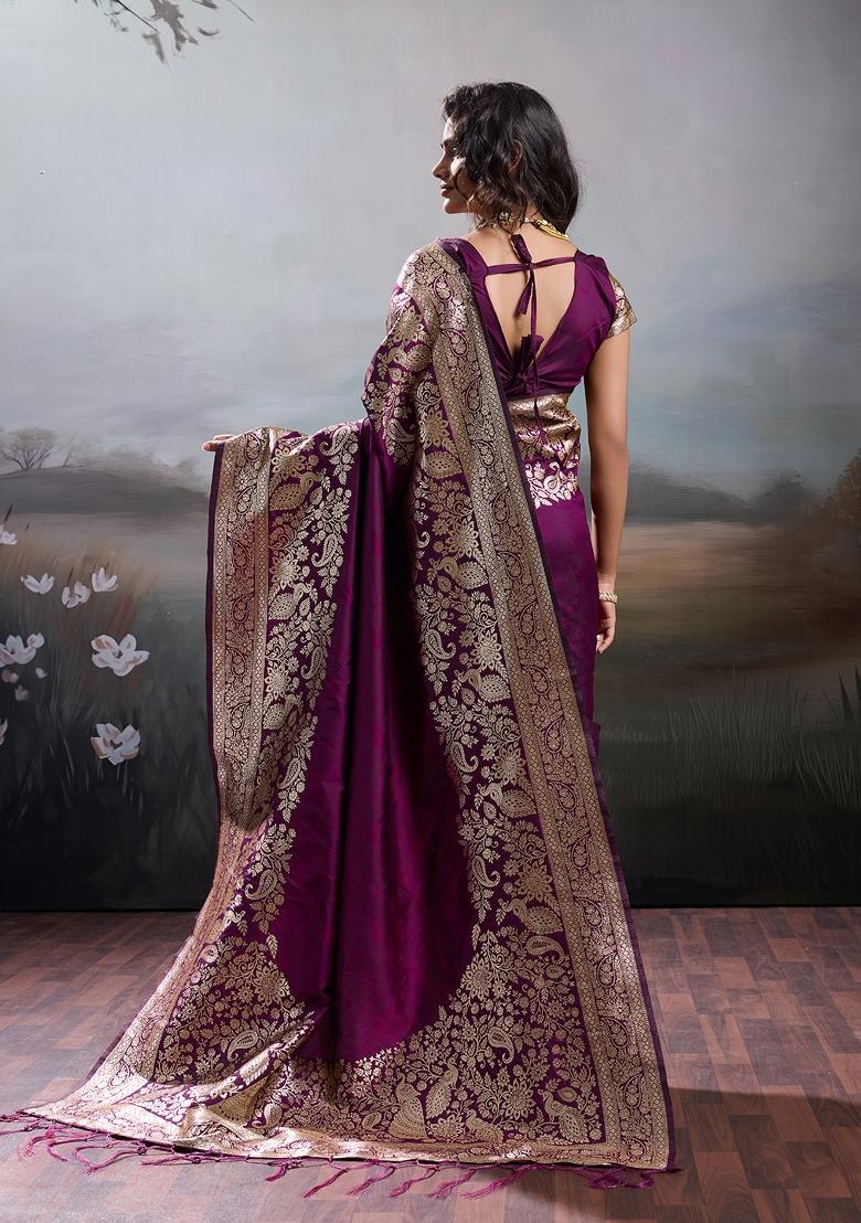 Purple Zari Work Silk Blend Saree Set - Indya