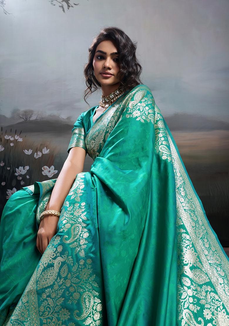 Turquoise Zari Work Silk Blend Saree Set - Indya