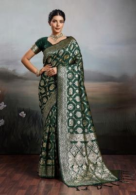 Dark Green Zari Work Silk Blend Saree Set