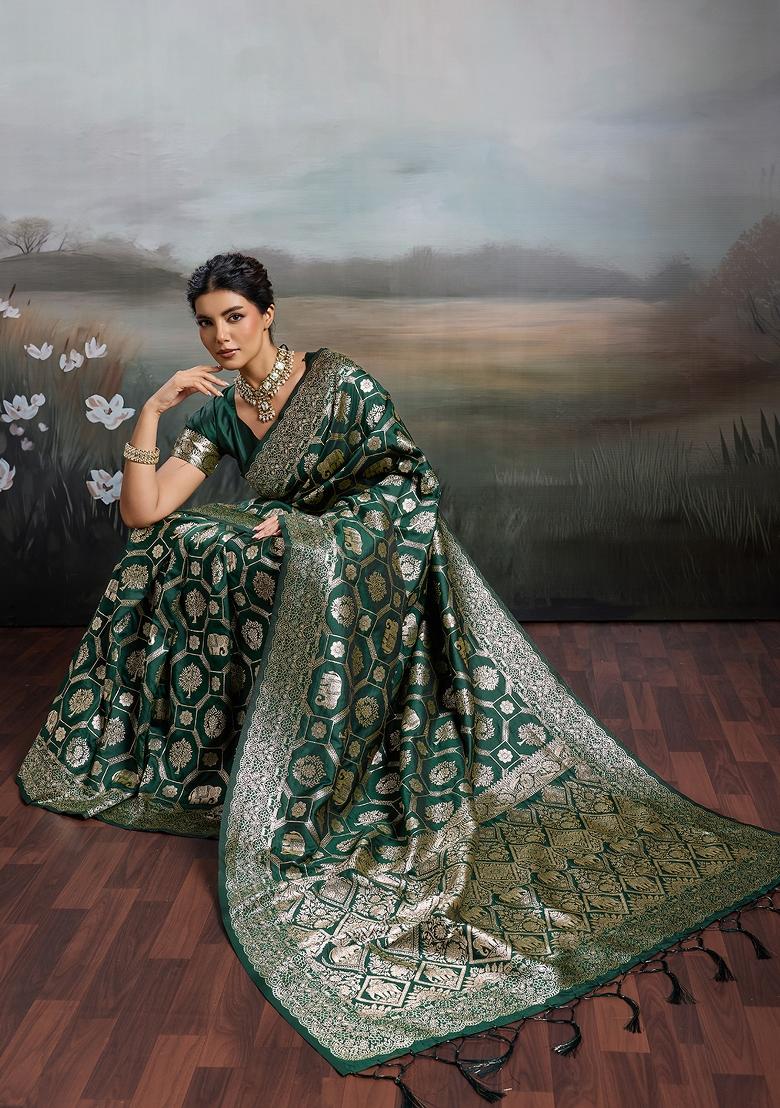 Dark Green Zari Work Silk Blend Saree Set - Indya
