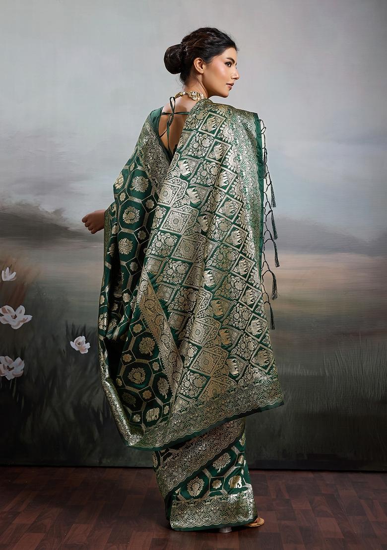 Dark Green Zari Work Silk Blend Saree Set - Indya