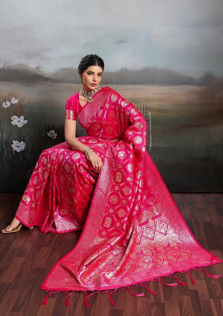 Pink Zari Work Silk Blend Saree Set - Indya
