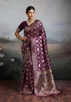 Purple Zari Work Silk Blend Saree Set