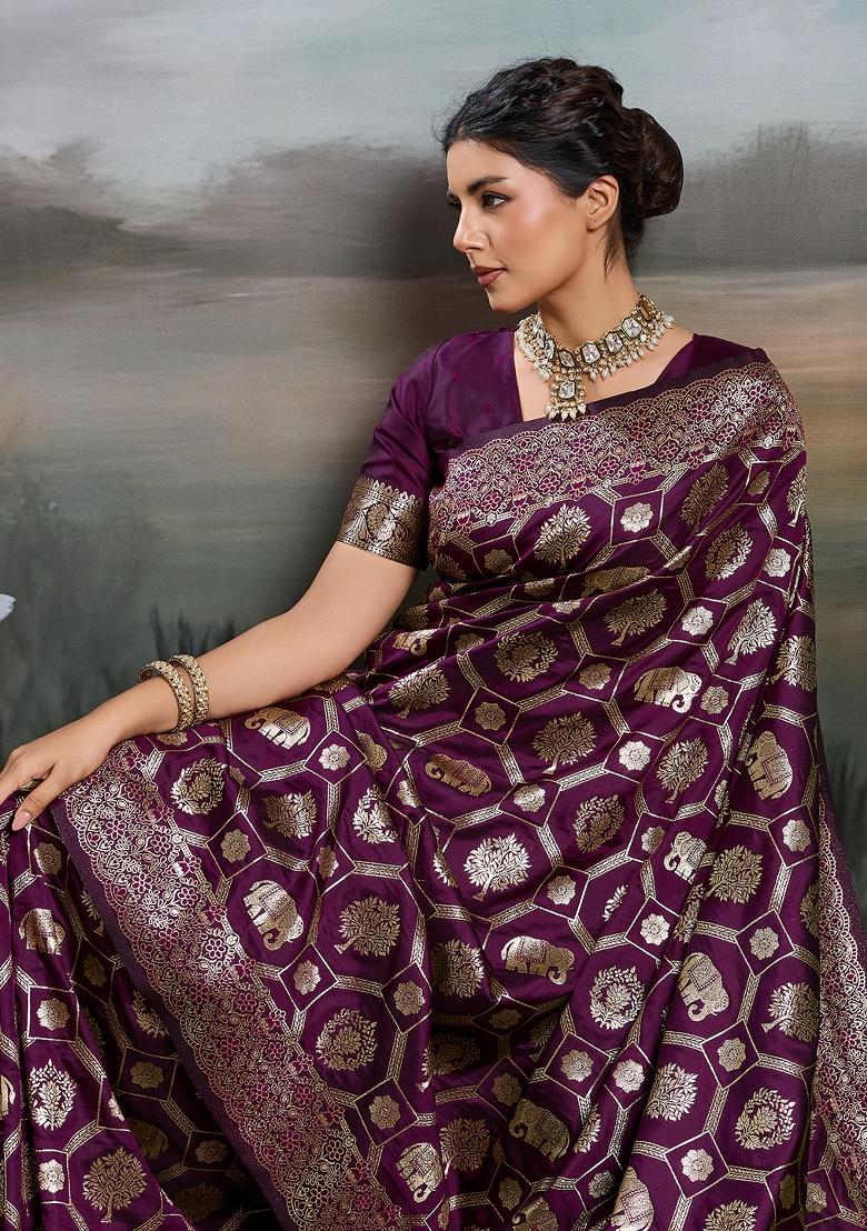 Purple Zari Work Silk Blend Saree Set - Indya