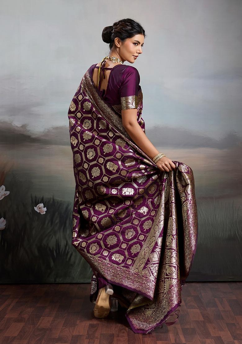 Purple Zari Work Silk Blend Saree Set - Indya