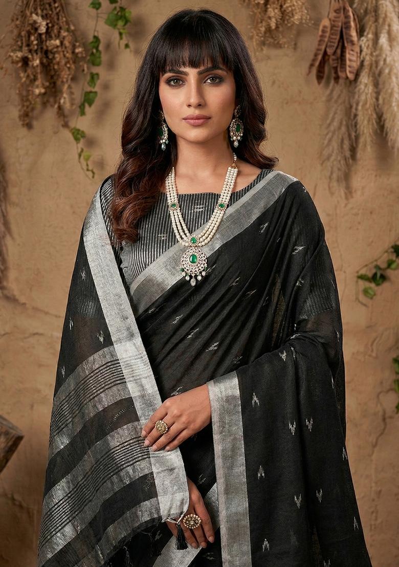 Black Zari Work Linen Saree Set - Indya