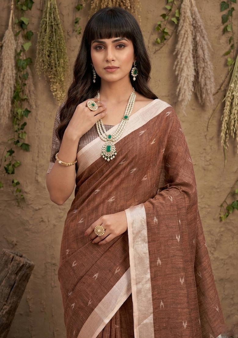 Brown Zari Work Linen Saree Set - Indya