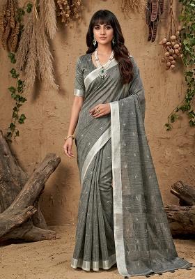 Grey Zari Work Linen Saree Set