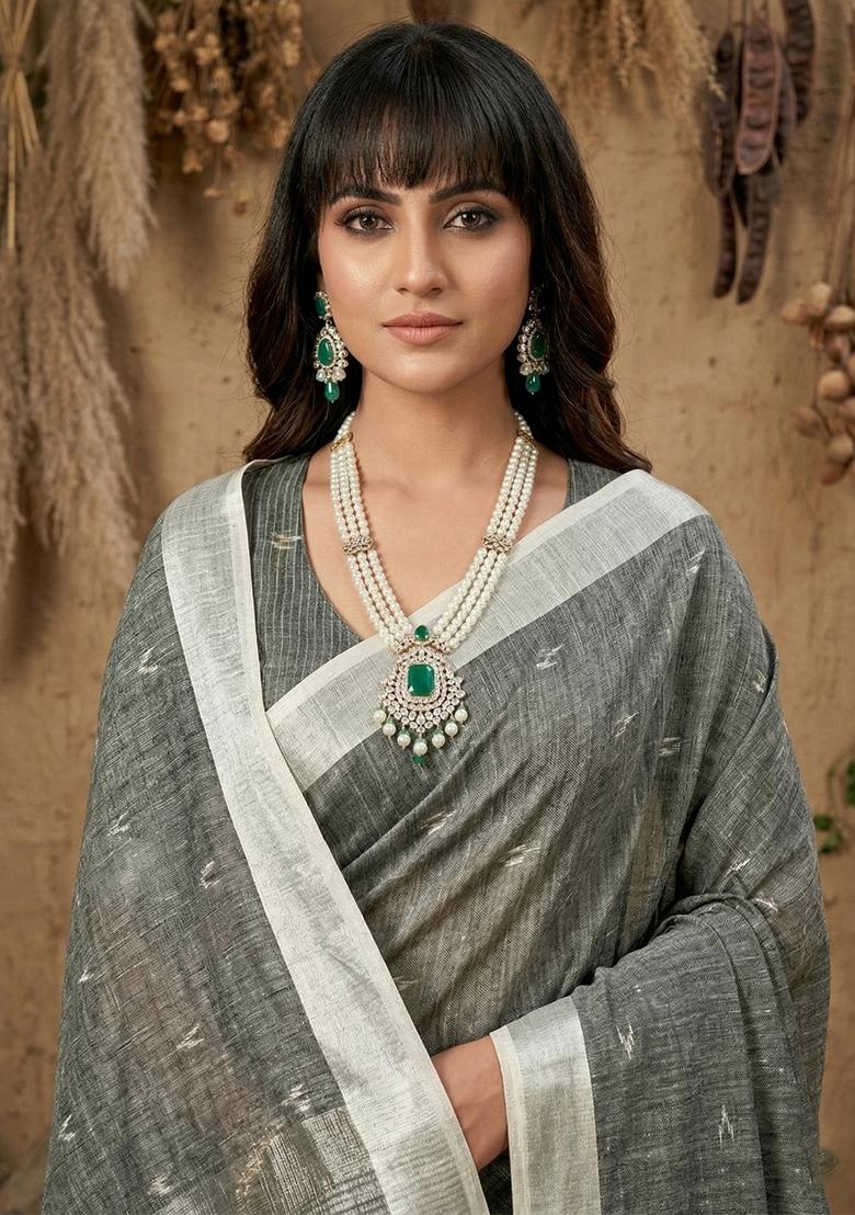Grey Zari Work Linen Saree Set - Indya