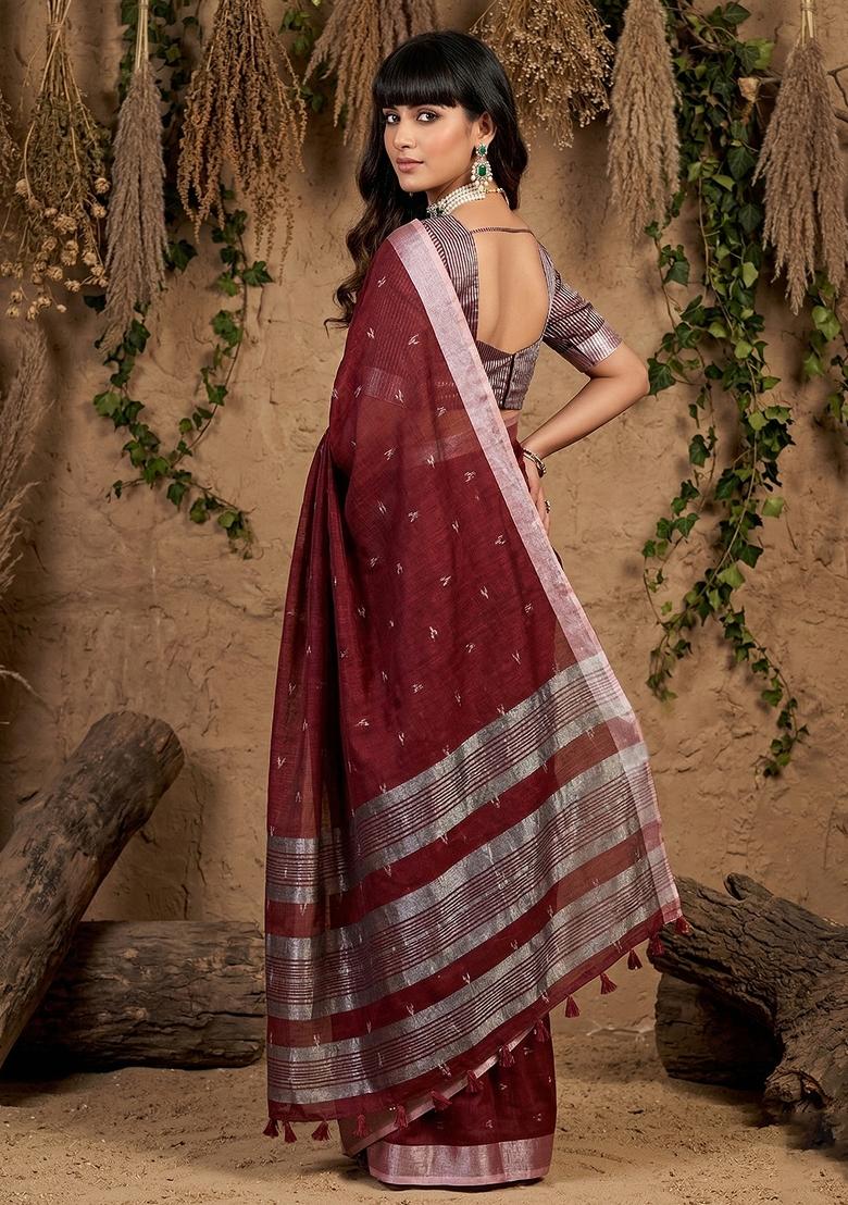 Maroon Zari Work Linen Saree Set - Indya
