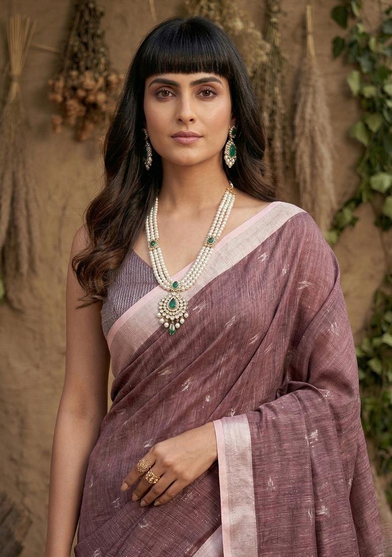 Purple Zari Work Linen Saree Set - Indya