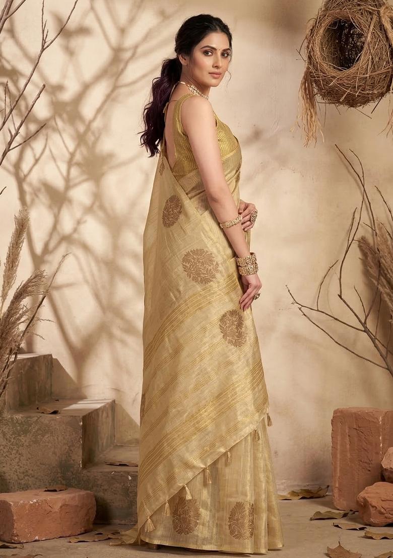 Cream Zari Work Tissue Saree Set - Indya