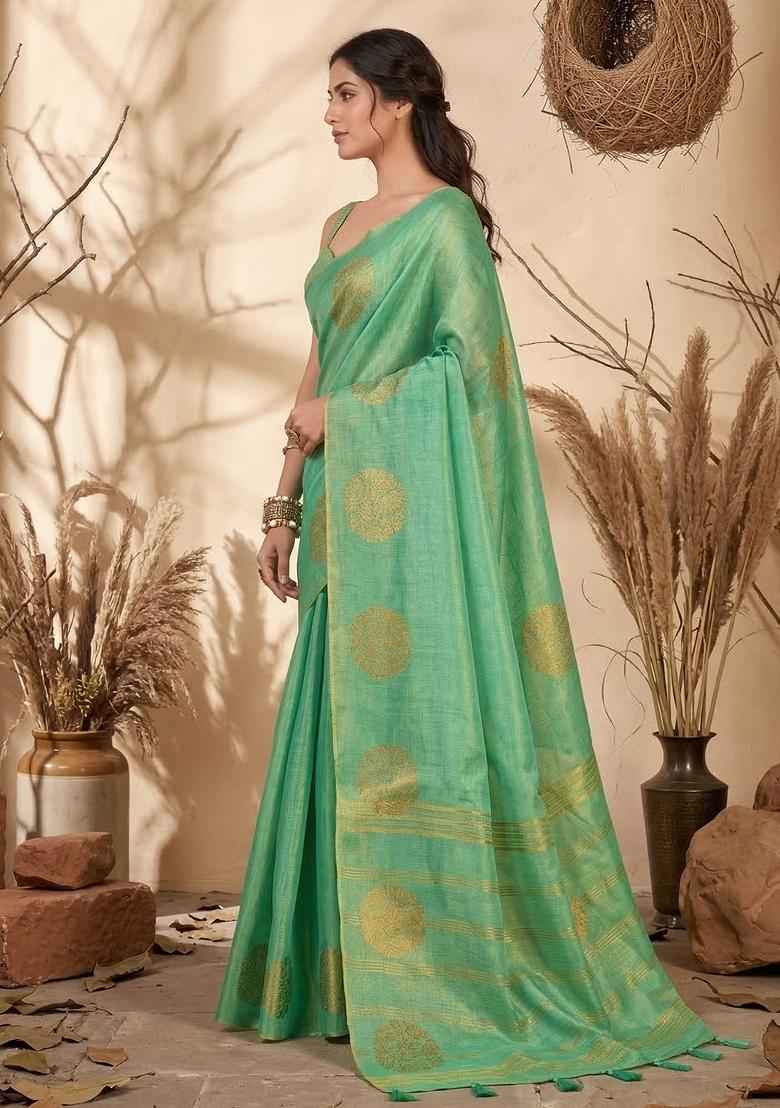 Sea Green Zari Work Tissue Saree Set - Indya