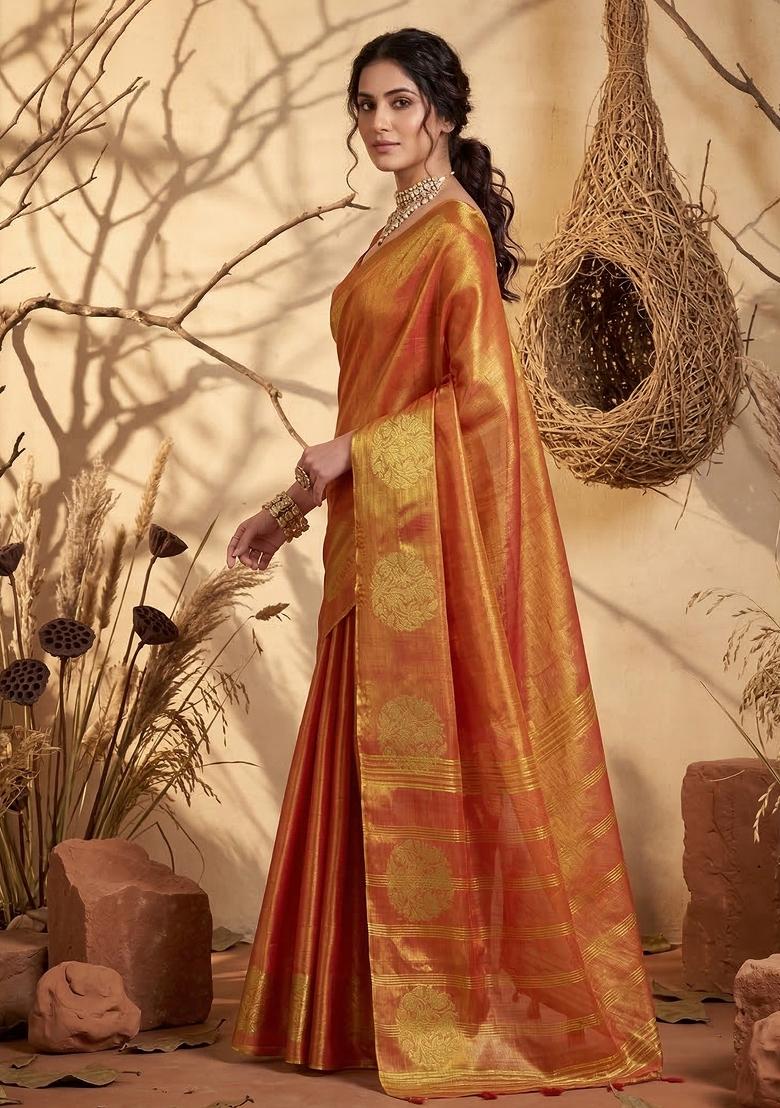 Orange Zari Work Tissue Saree Set - Indya