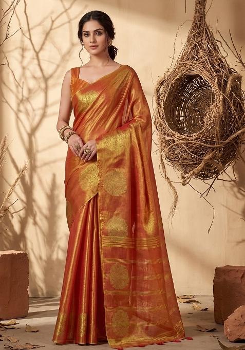 Orange Zari Work Tissue Saree Set