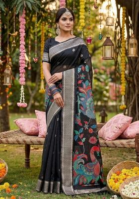 Black Zari Work Linen Saree Set