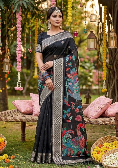 Black Zari Work Linen Saree Set