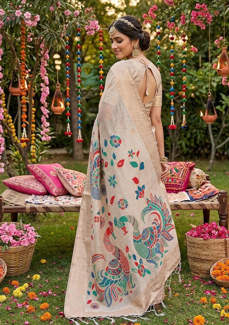 Cream Zari Work Linen Saree Set - Indya