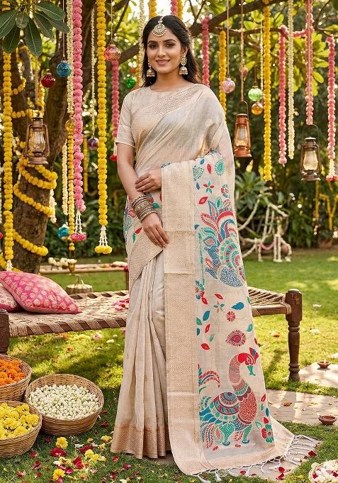 Cream Zari Work Linen Saree Set