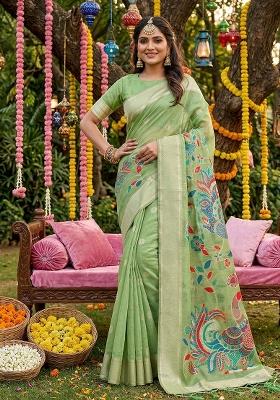 Green Zari Work Linen Saree Set