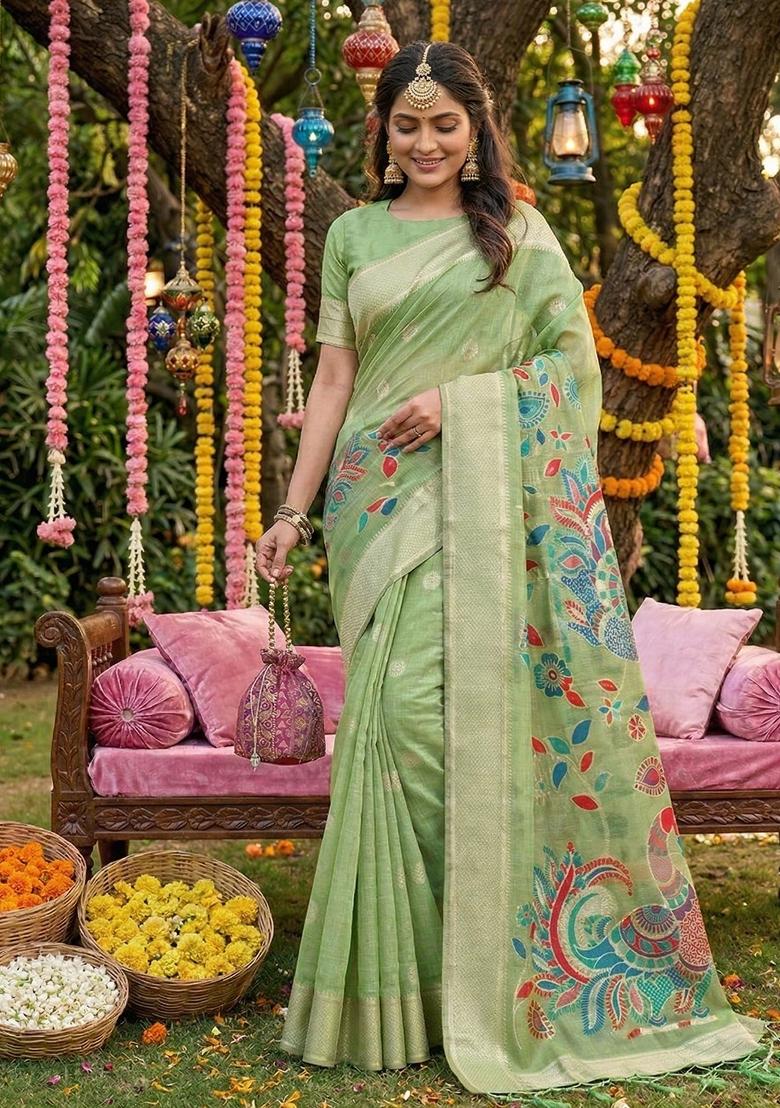 Green Zari Work Linen Saree Set - Indya