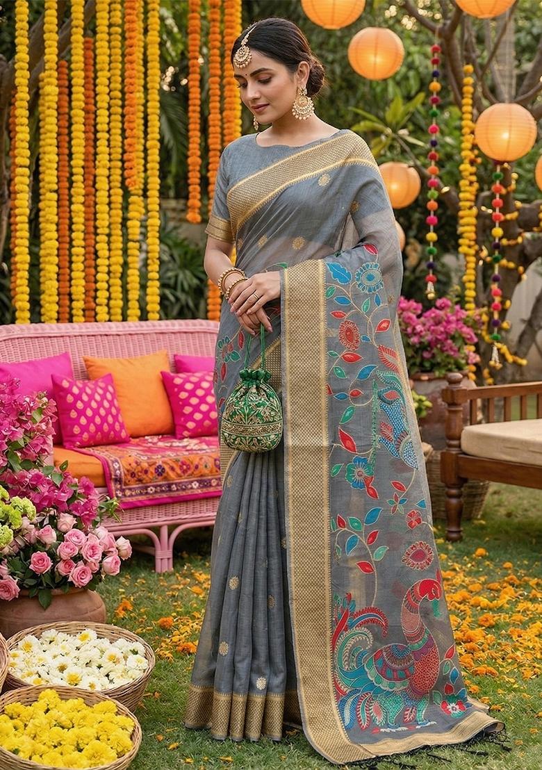 Grey Zari Work Linen Saree Set - Indya
