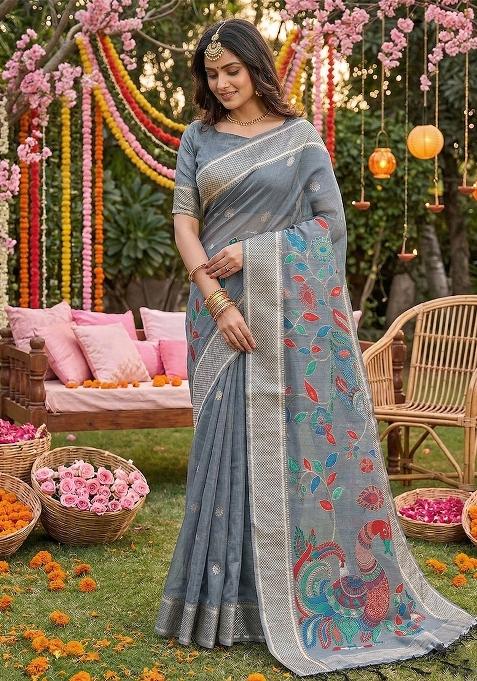 Grey Zari Work Linen Saree Set